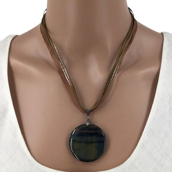 Natural Stone Pendant Necklace Brown Falcon Eye Adjustable Length - Picture 3 of 4